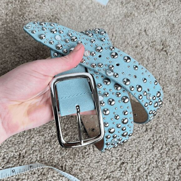 VTG Y2K Baby Blue Studded Rhinestone Leather Belt Wide McBling 1.75” 43” main image 8
